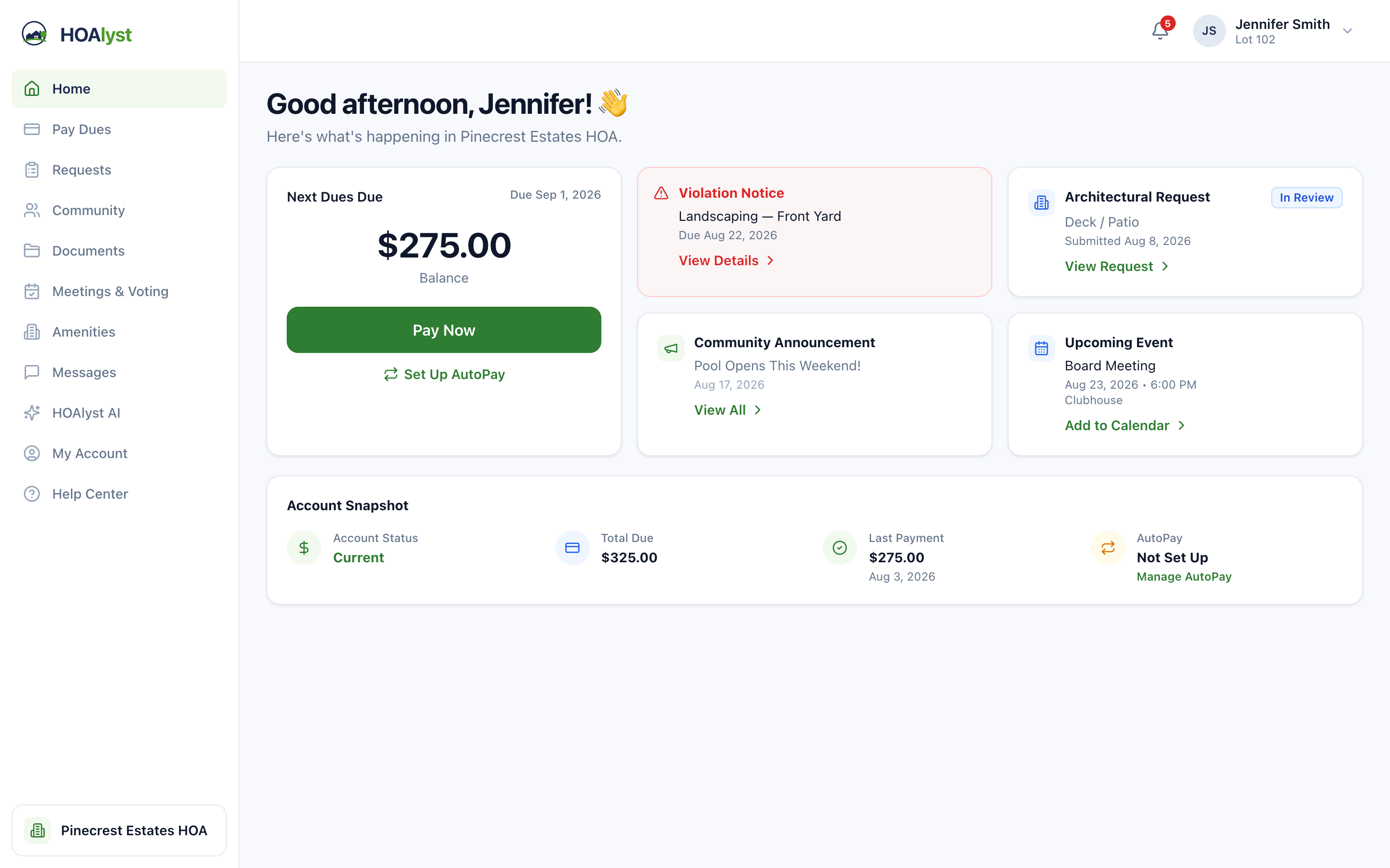 The HOAlyst homeowner portal, showing the balance due, open requests and community announcements.
